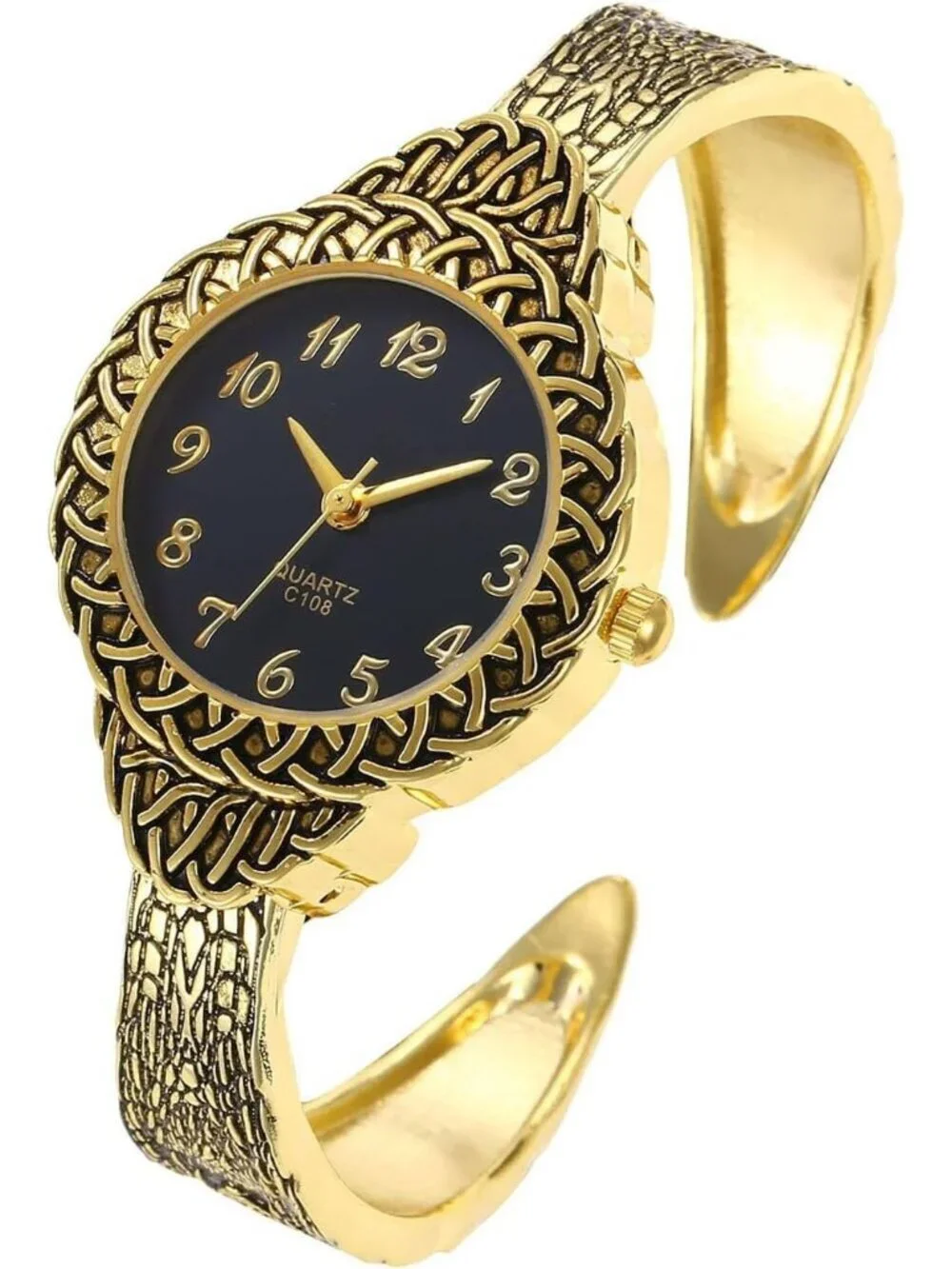 Women's Black Gold Vintage Cuff Bracelet Arabic Numerals Quartz Wrist Watches